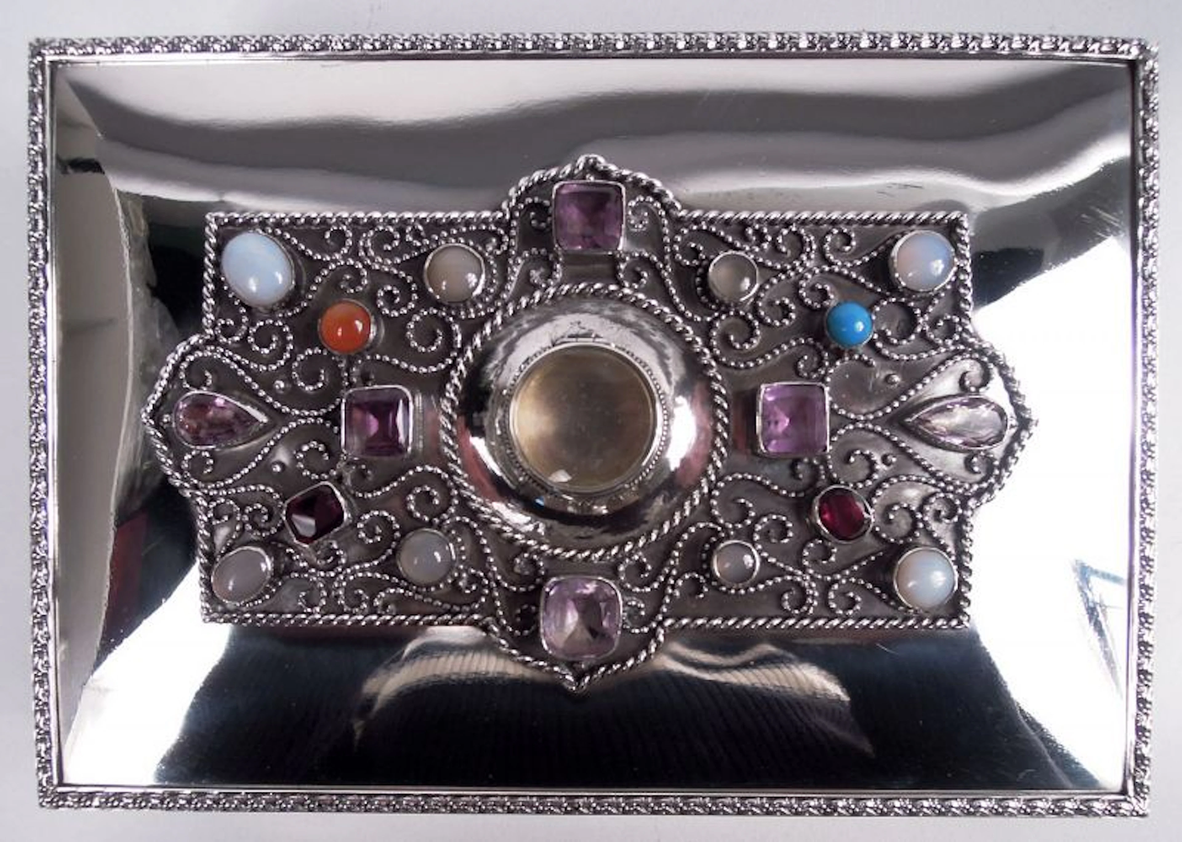Rare English Edwardian Classical Sterling Silver Jeweled Box 1908