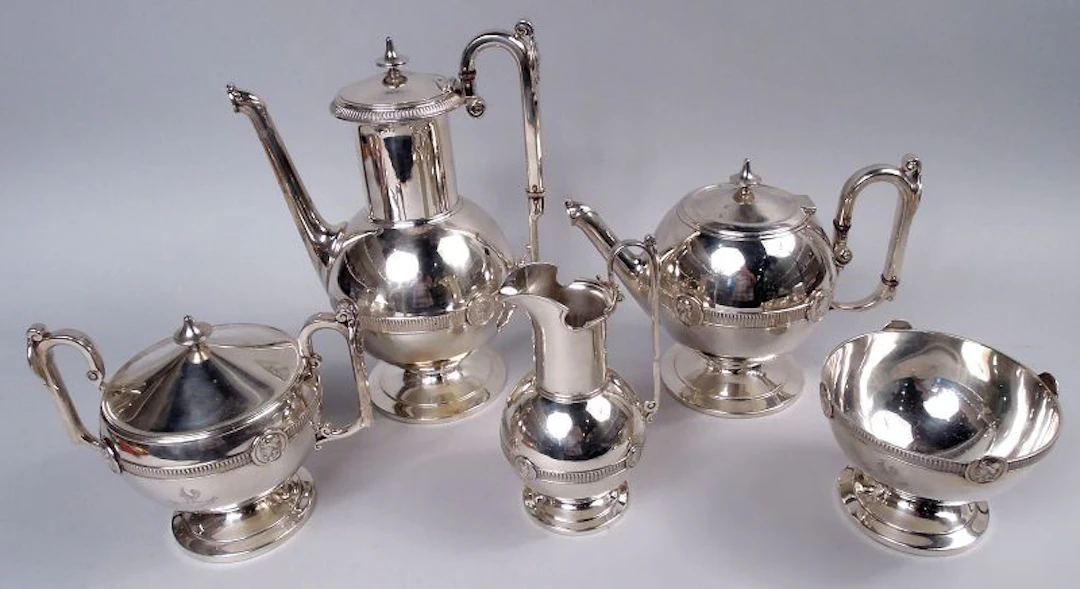 Antique Gorham Medallion Coin Silver 5-Piece Coffee & Tea Set