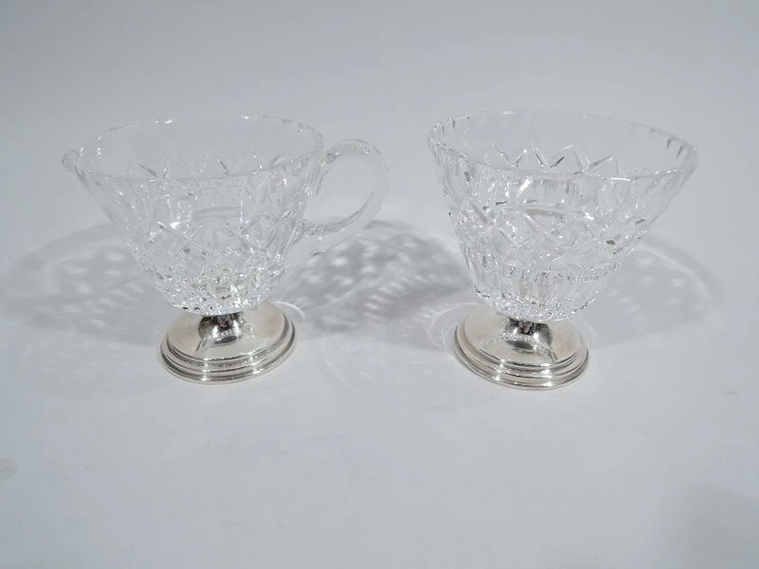 Hawkes Midcentury Modern Sterling Silver and Cut-Glass Creamer & Sugar