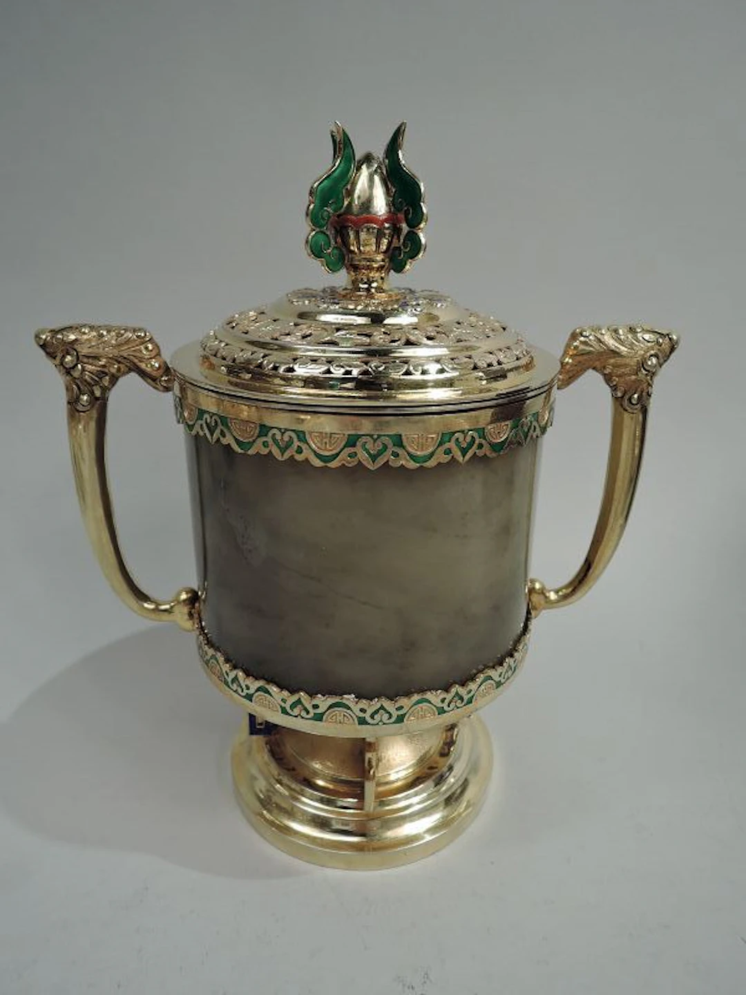 Antique Chinese Silver Gilt, Agate & Enamel Censer
