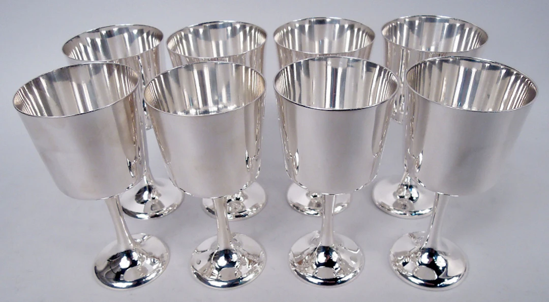 Set of 8 Cartier American Midcentury Modern Sterling Silver Goblets