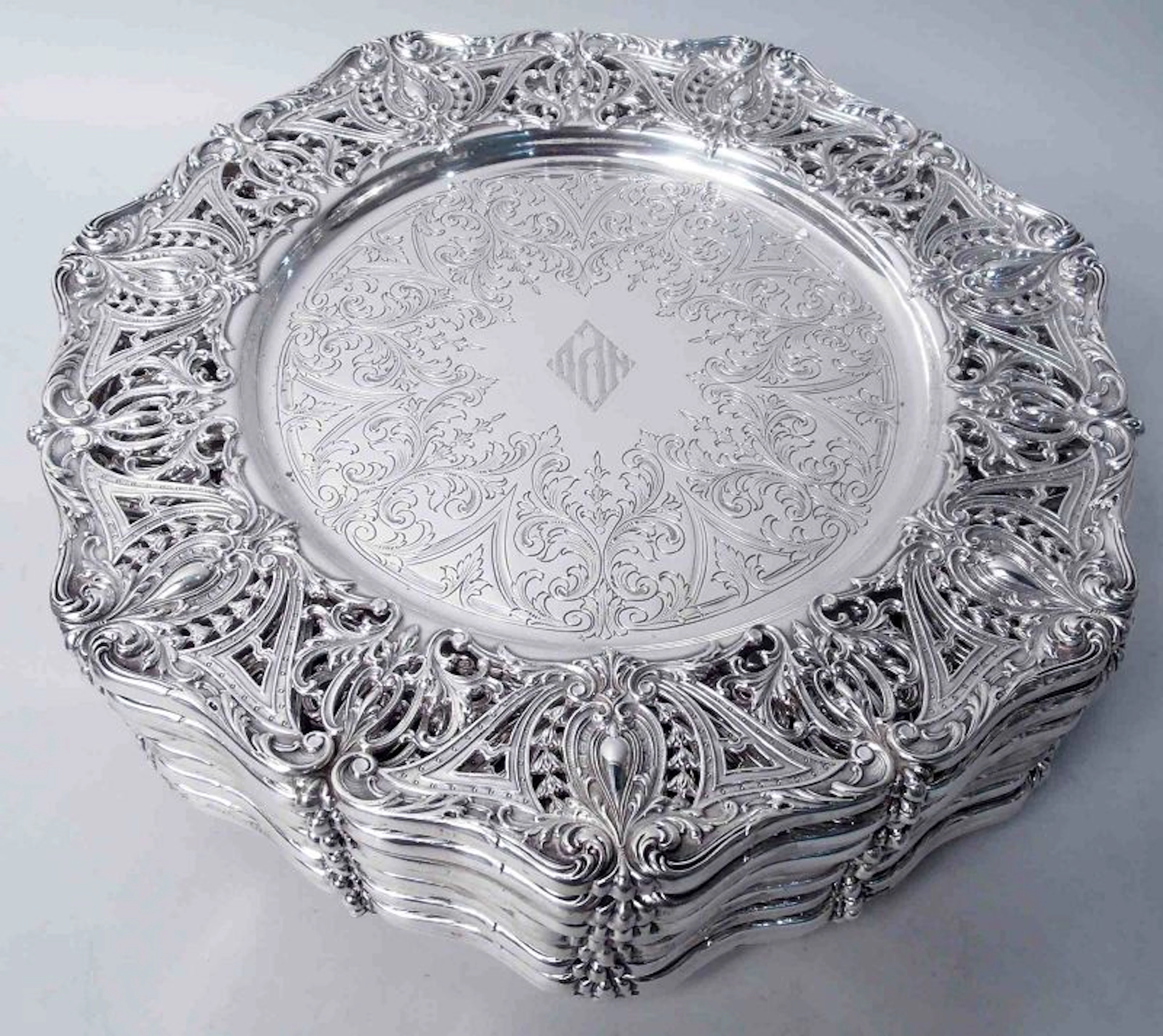Set of 12 Graff, Washbourne & Dunn Sterling Silver Dinner Plates