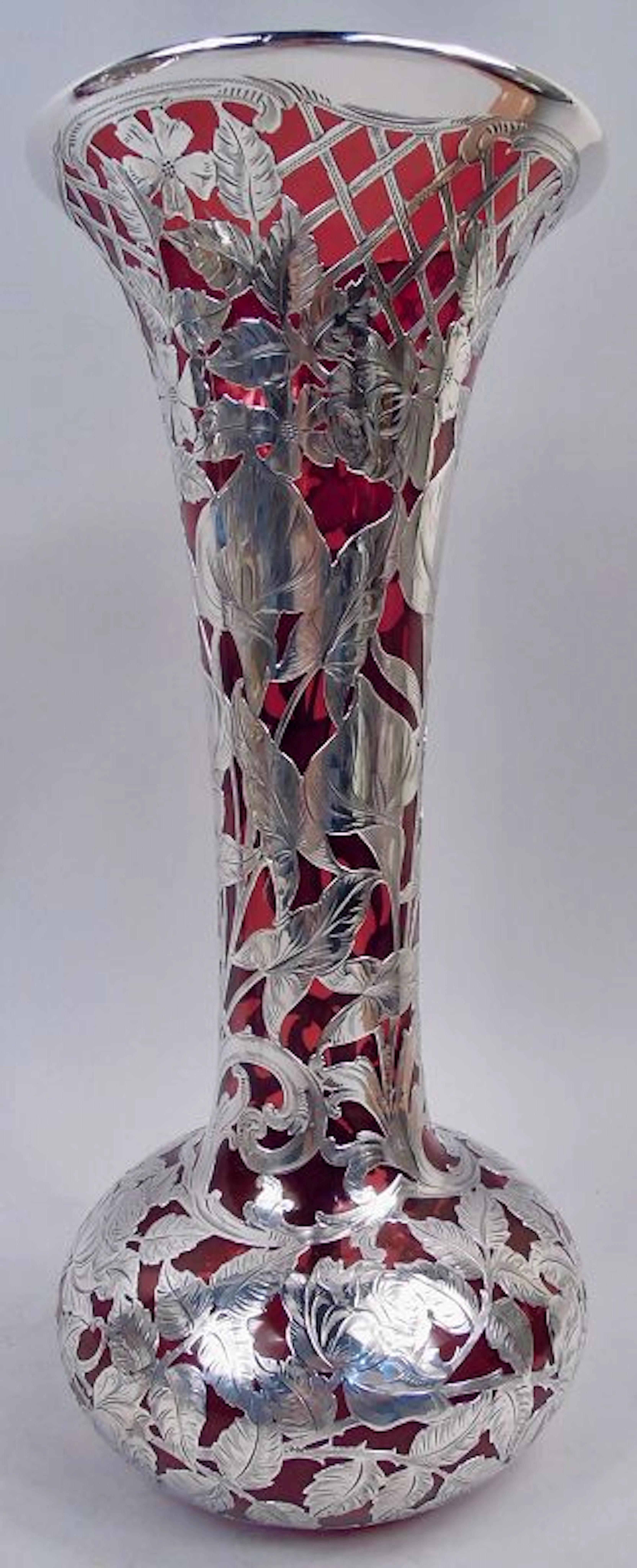 Antique Alvin Art Nouveau Red Silver Overlay 14-Inch Vase