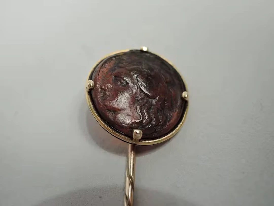 Antique European Carved Intaglio Cameo & 15k Gold Stickpin C 1880