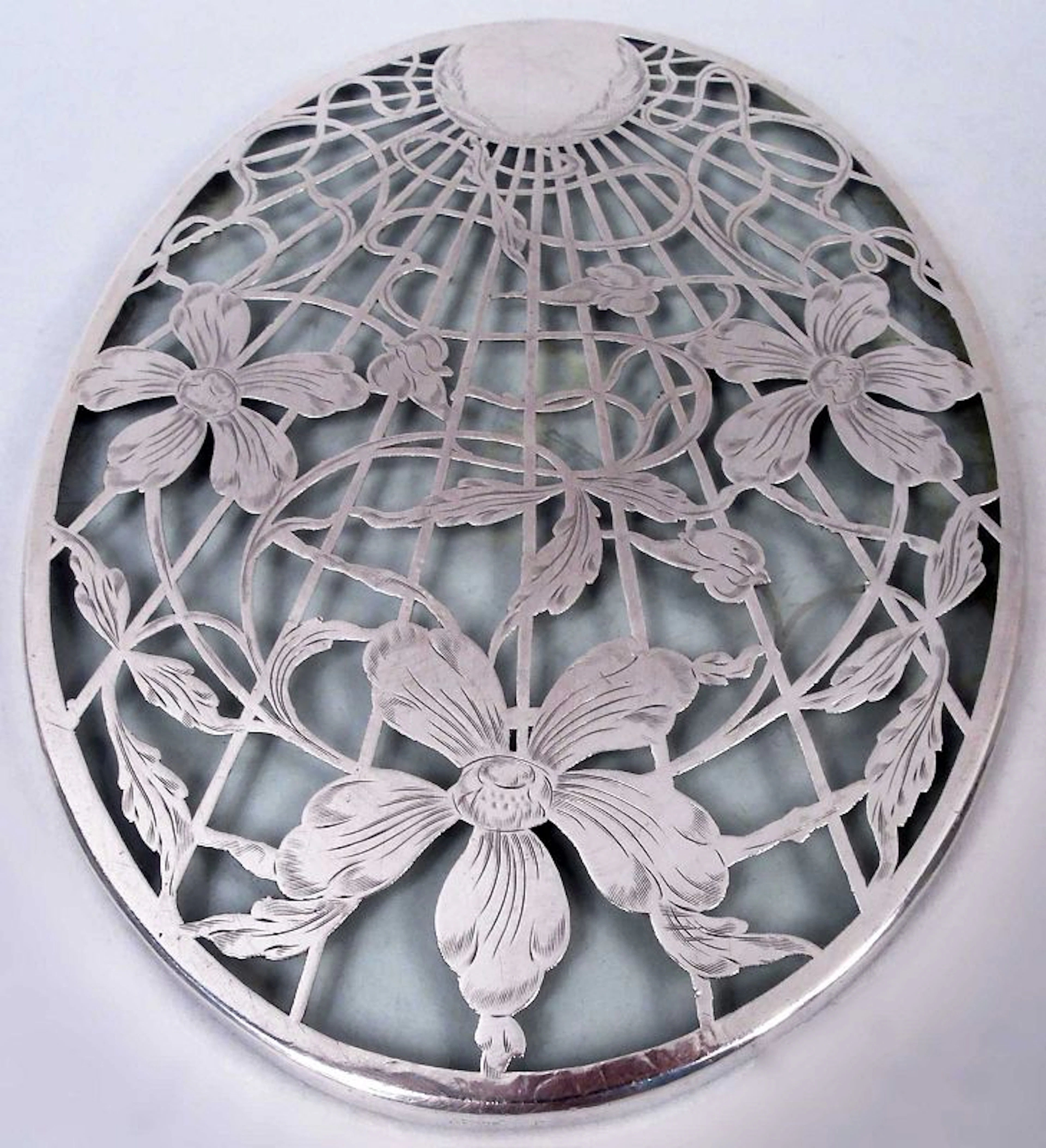 Antique American Art Nouveau Trivet with Sunray Trellis Overlay