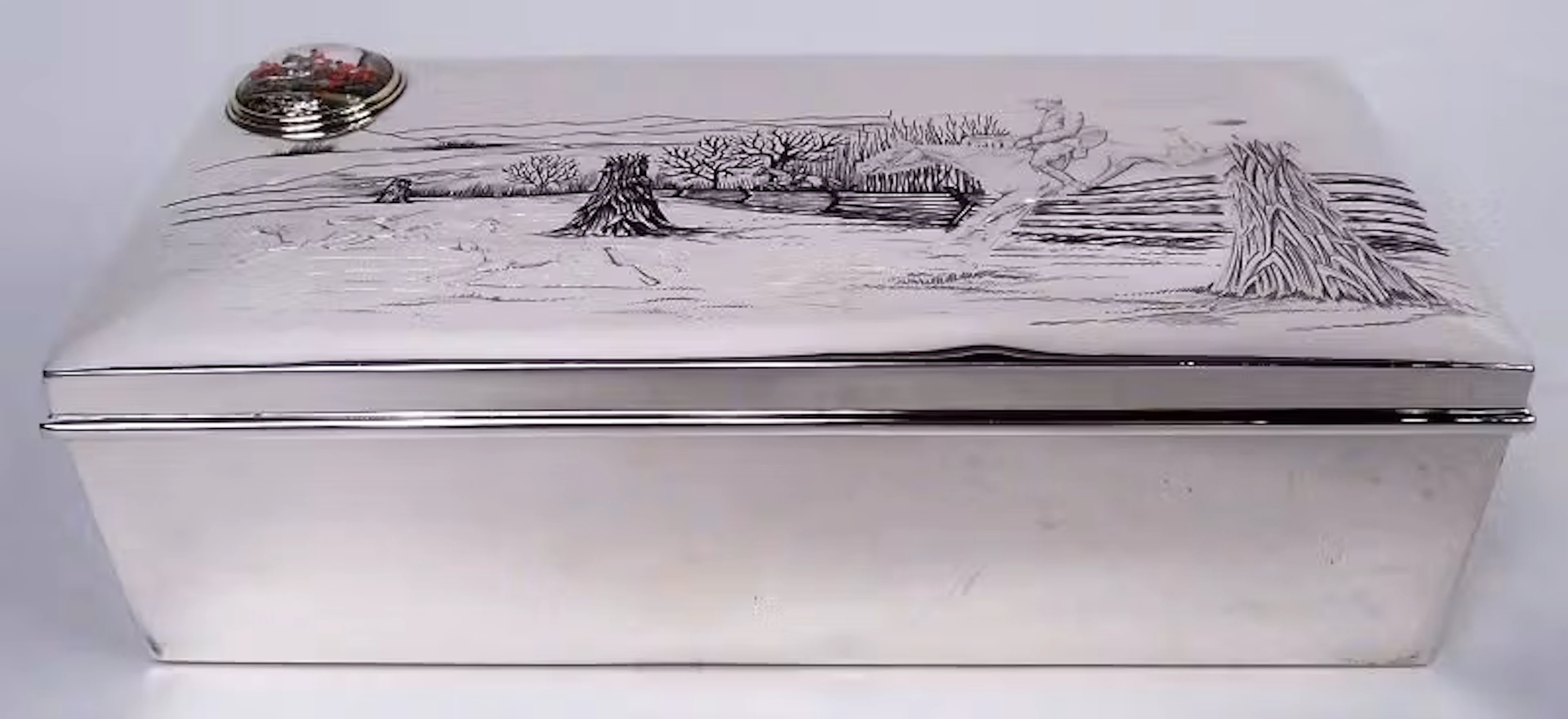 American Edwardian Sterling Silver Fox Hunt Box with Essex Crystal