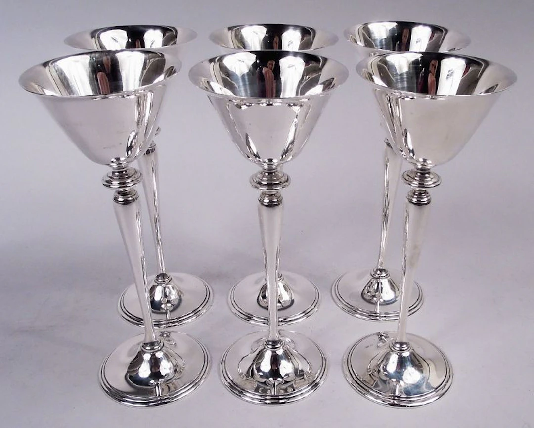Set of 6 Tiffany American Art Deco Unusually Tall Cocktail Cups