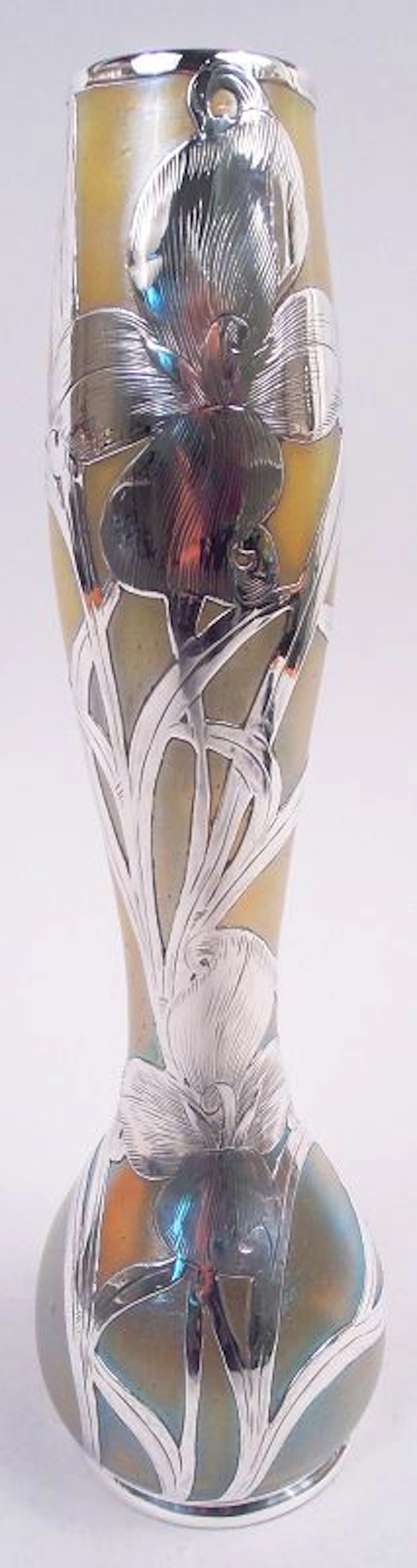 Loetz Tall Art Nouveau Iridescent Vase with Floral Silver Overlay