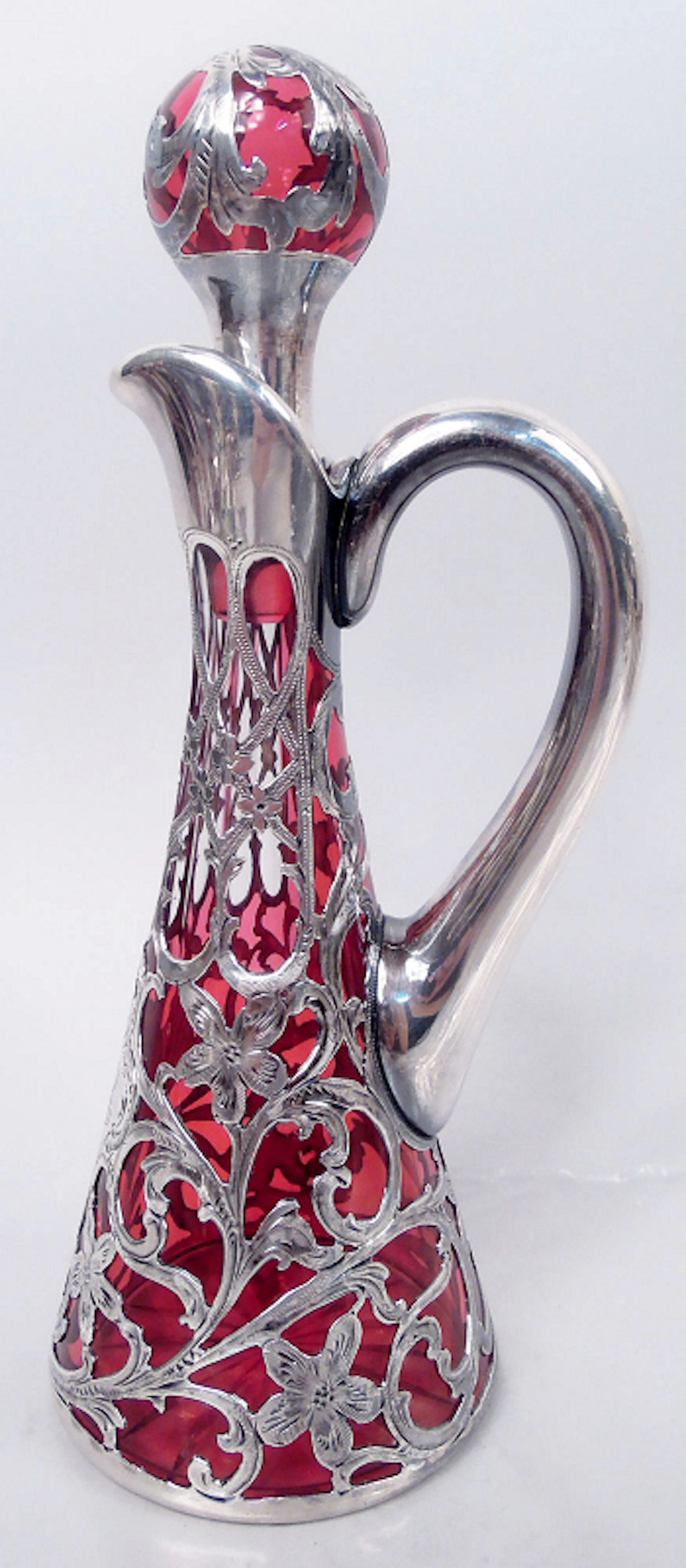 Antique Alvin American Art Nouveau Red Silver Overlay Oil Cruet