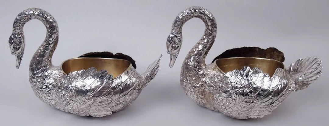 Pair of Antique German Hanau Silver Swan Bowls