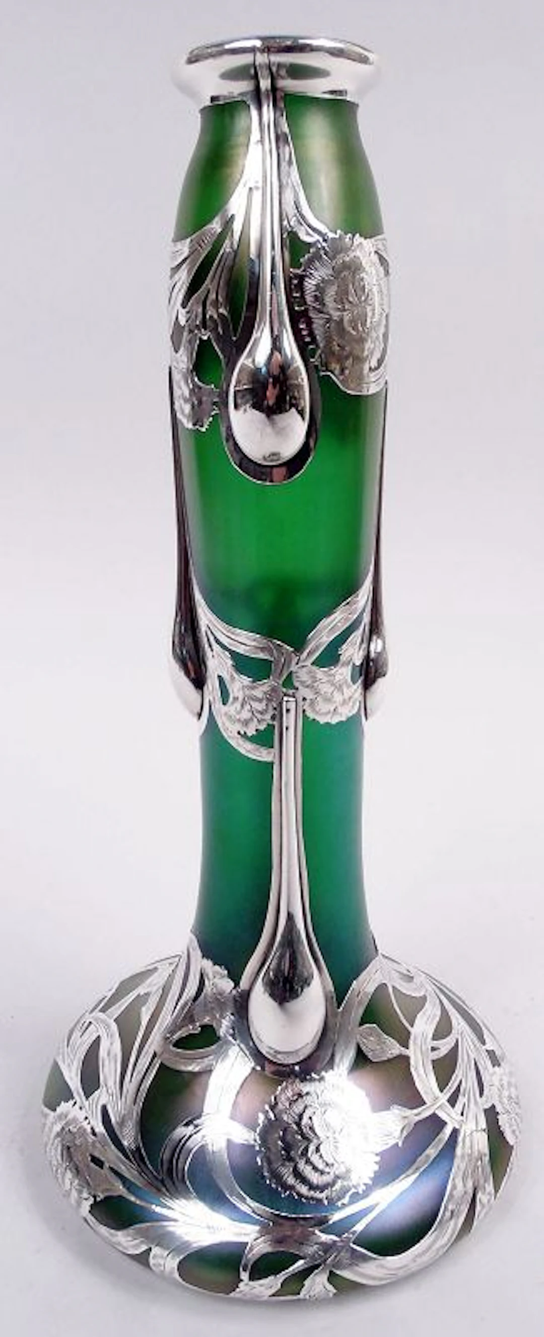 Tall Loetz Art Nouveau Green Vase with Alvin Silver Overlay