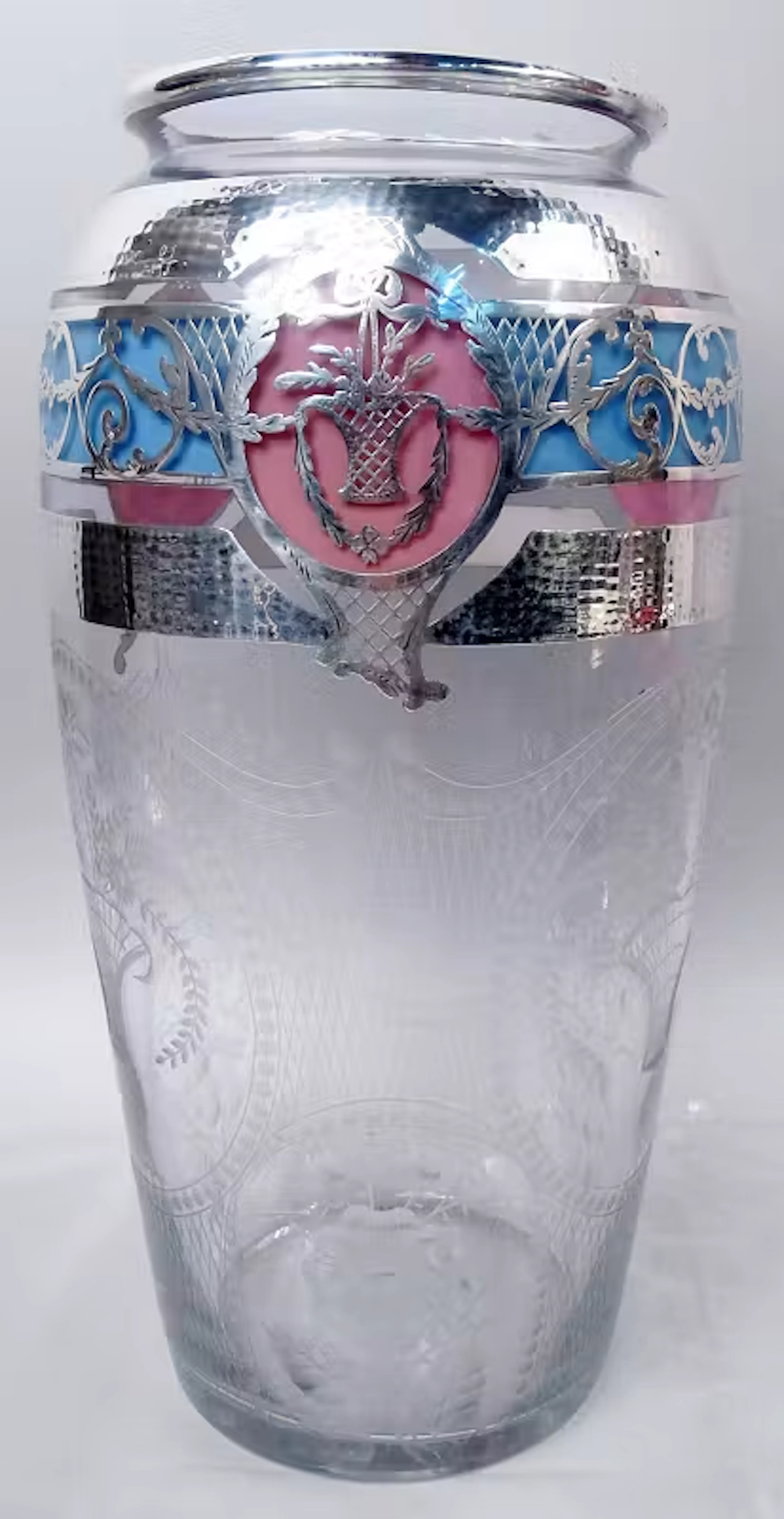 American Edwardian Regency Silver Overlay & Enamel 14-Inch Vase