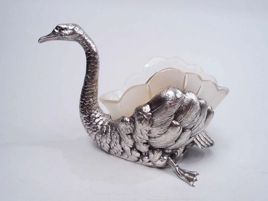 Antique German Silver Figural Swan Bird Bowl with Glass Liner