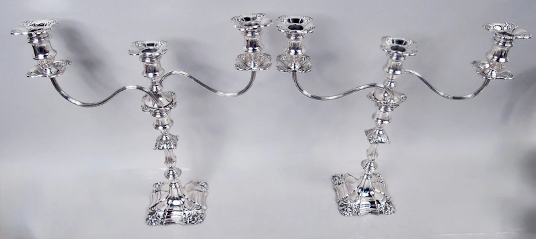 Pair of English Victorian Georgian 3-Light Candelabra 1900