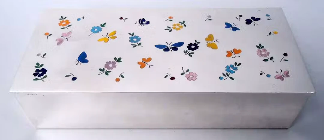 Tiffany Midcentury Modern Box with Enameled Flowers & Butterflies