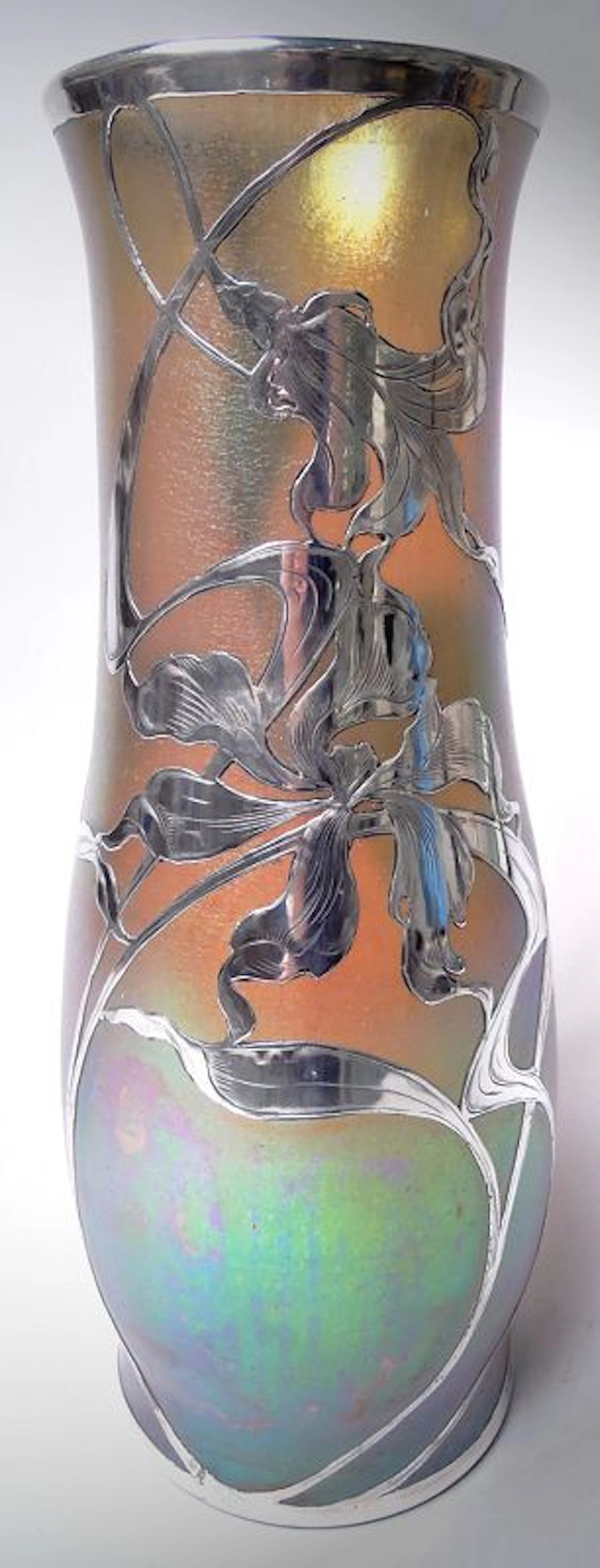 Very Large Loetz Art Nouveau Iridescent Vase with Silver Overlay