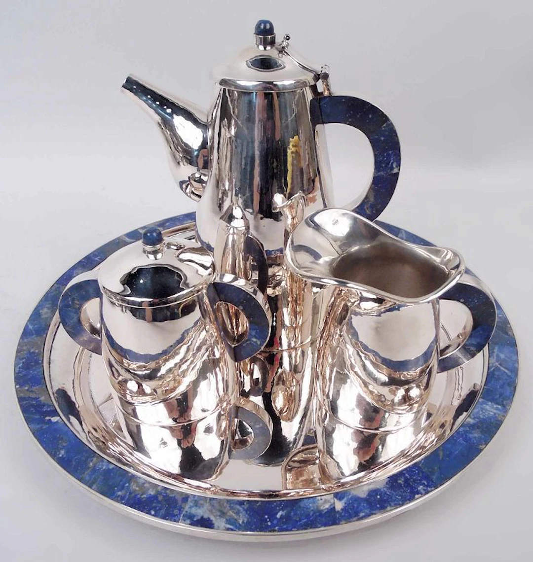Italian Midcentury Modern Silver & Hardstone Coffee Set on Tray