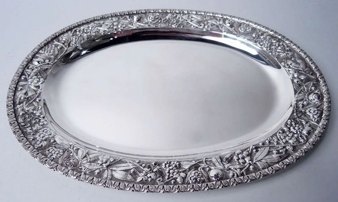 Antique Kirk Baltimore Repousse Silver Fern & Flower Platter Tray