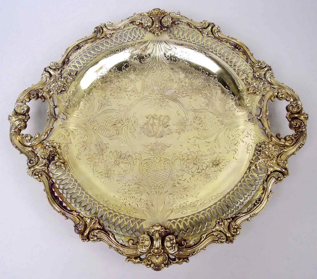 Fancy American Victorian Classical Gilt Sterling Silver Cake Plate