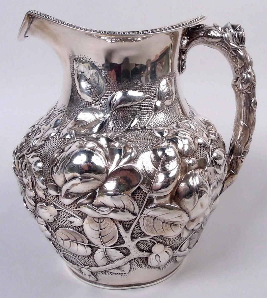 Antique Gorham Victorian Water Pitcher with Floral Repousse 1887