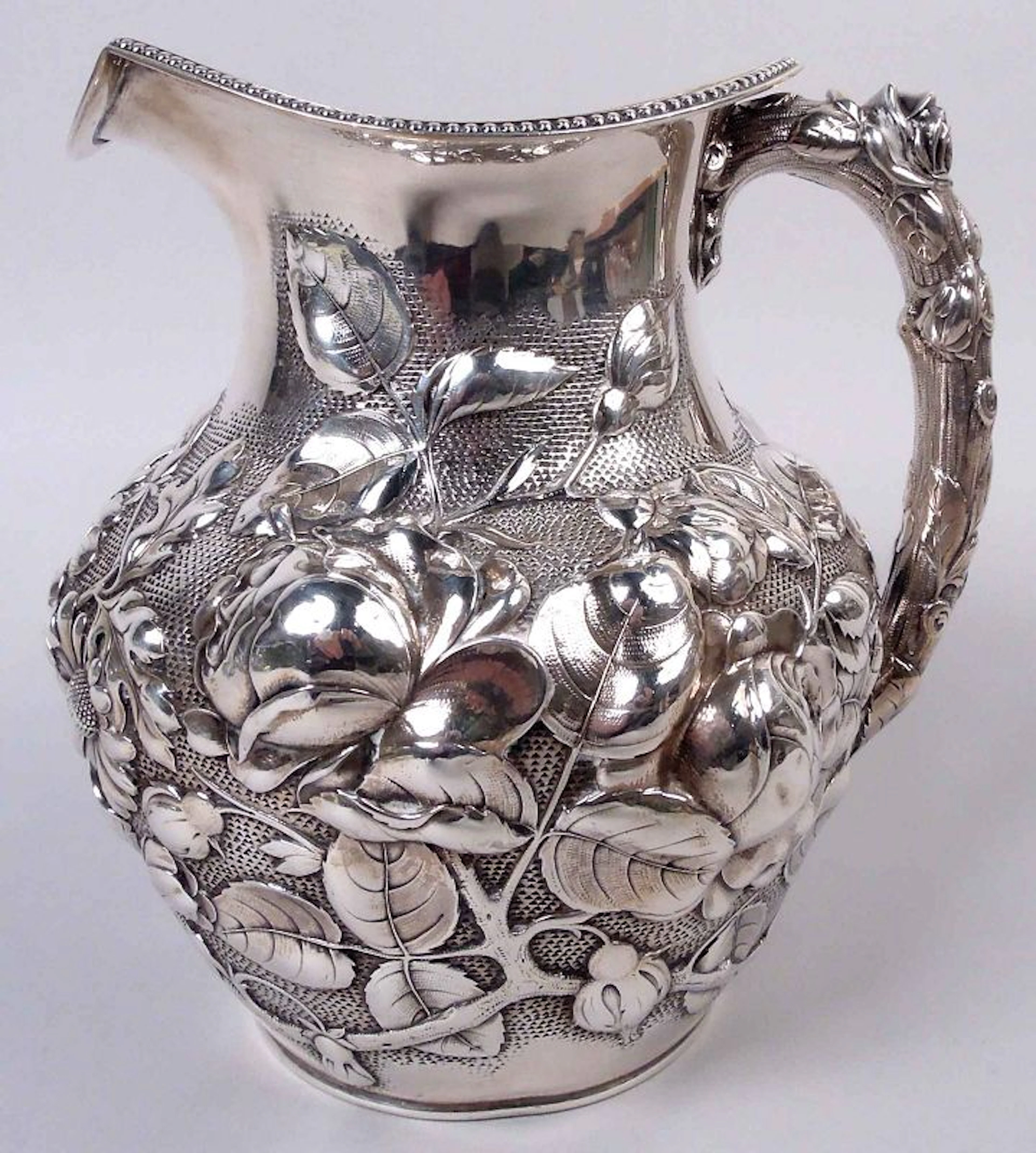 Antique Gorham Victorian Water Pitcher with Floral Repousse 1887