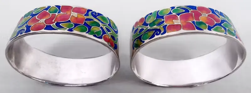 Pair of Pretty English Sterling Silver & Enamel Napkin Rings 1930