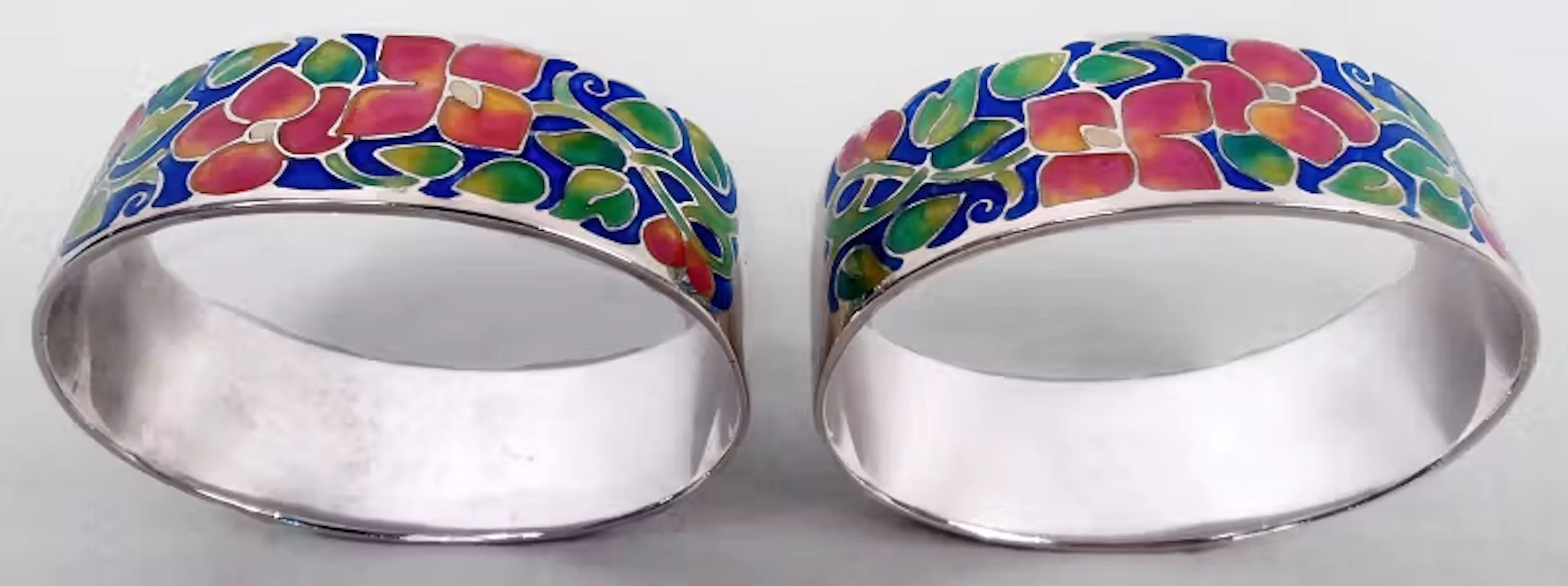 Pair of Pretty English Sterling Silver & Enamel Napkin Rings 1930