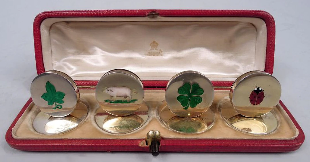 English Edwardian Silver Gilt Lucky Charm Place Card Holders 1905