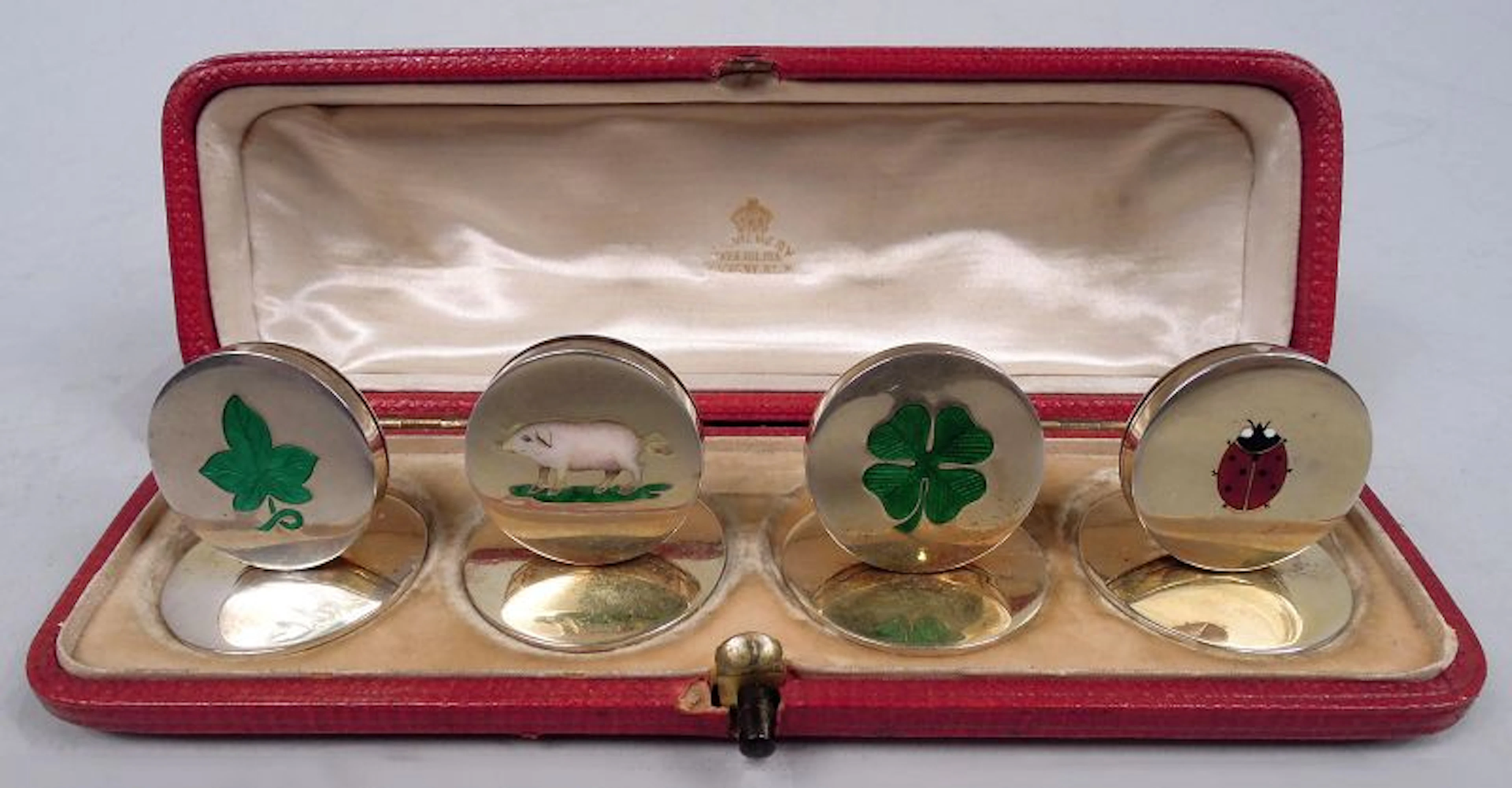 English Edwardian Silver Gilt Lucky Charm Place Card Holders 1905