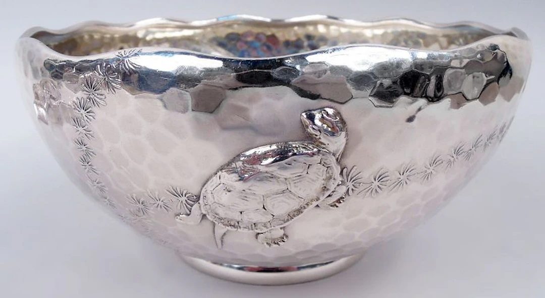 Antique Tiffany Japonesque Applied Hand-Hammered Turtle Bowl