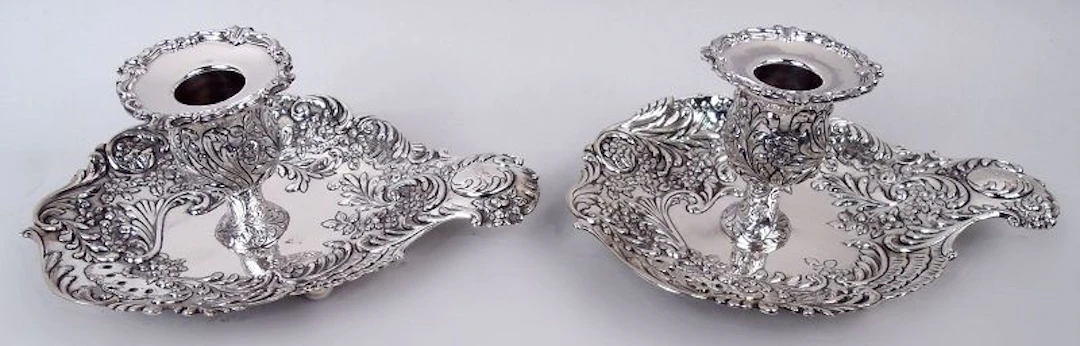 Pair of Gorham Victorian Classical Repousse Chambersticks 1891