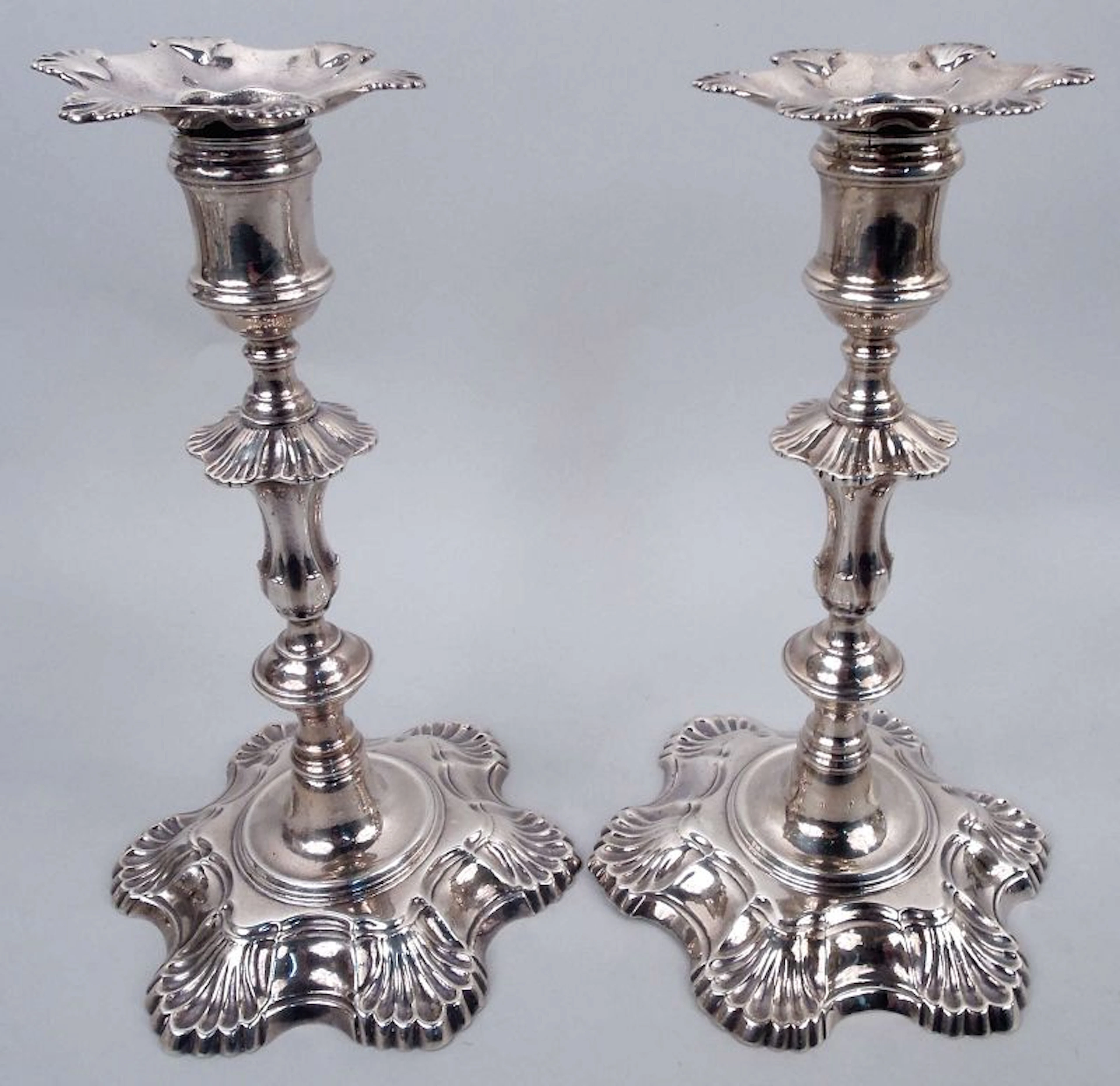 Pair of William Cafe English Georgian 6-Shell Candlesticks 1757