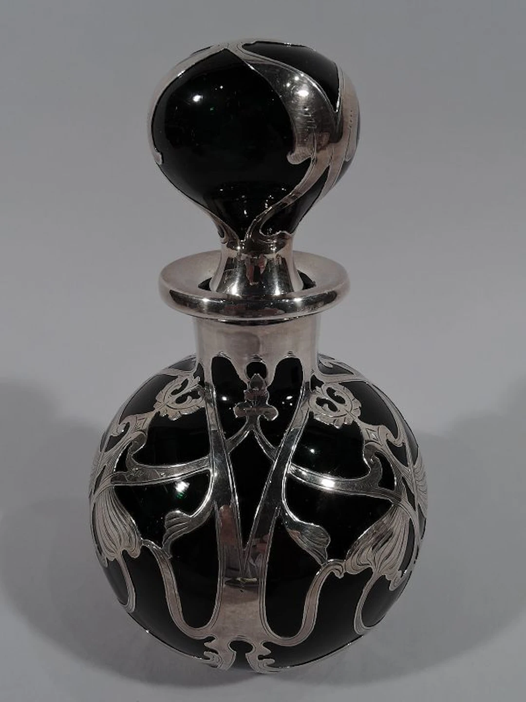 Large Gorham Art Nouveau Green Silver Overlay Cologne Bottle