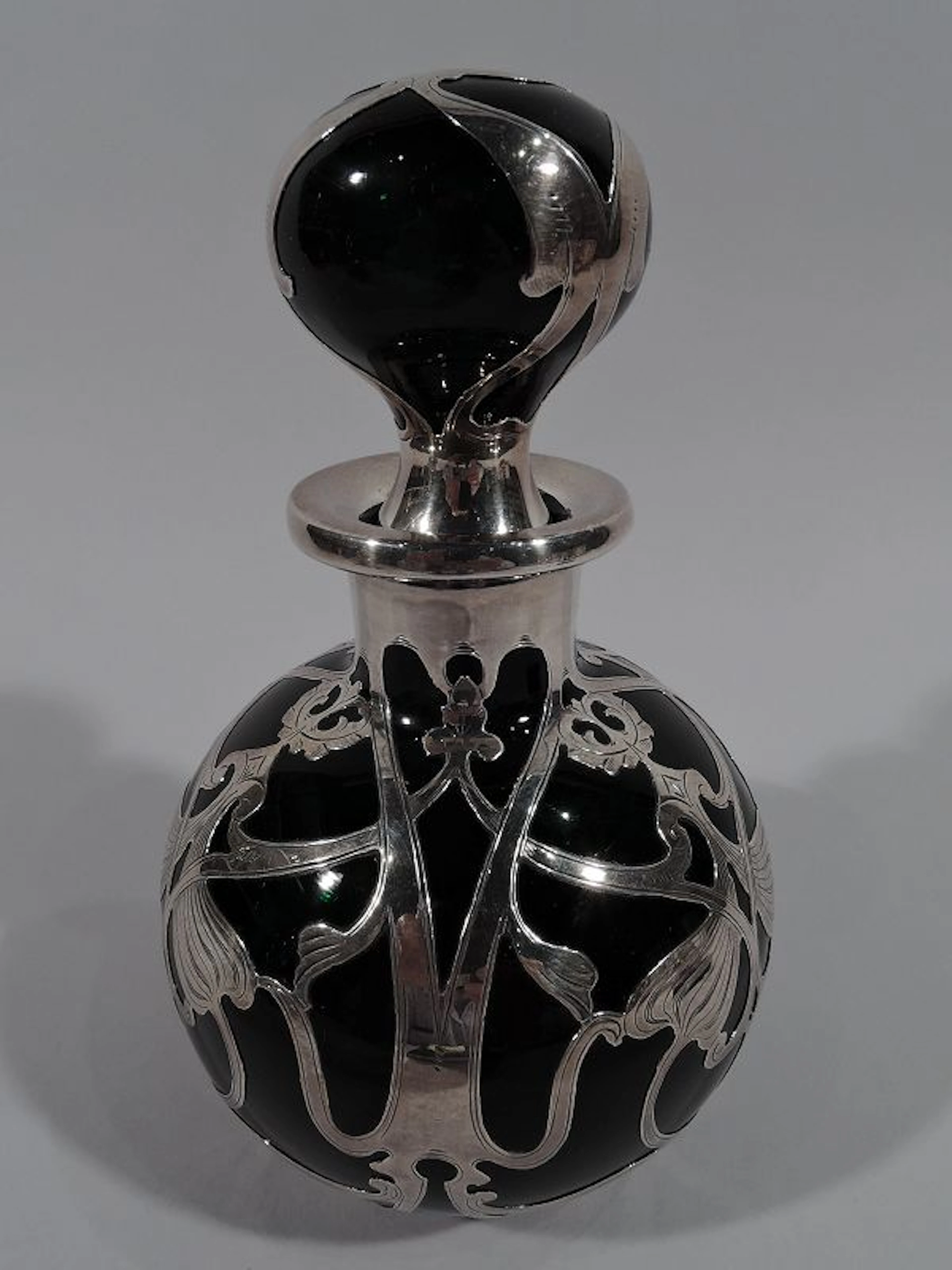 Large Gorham Art Nouveau Green Silver Overlay Cologne Bottle