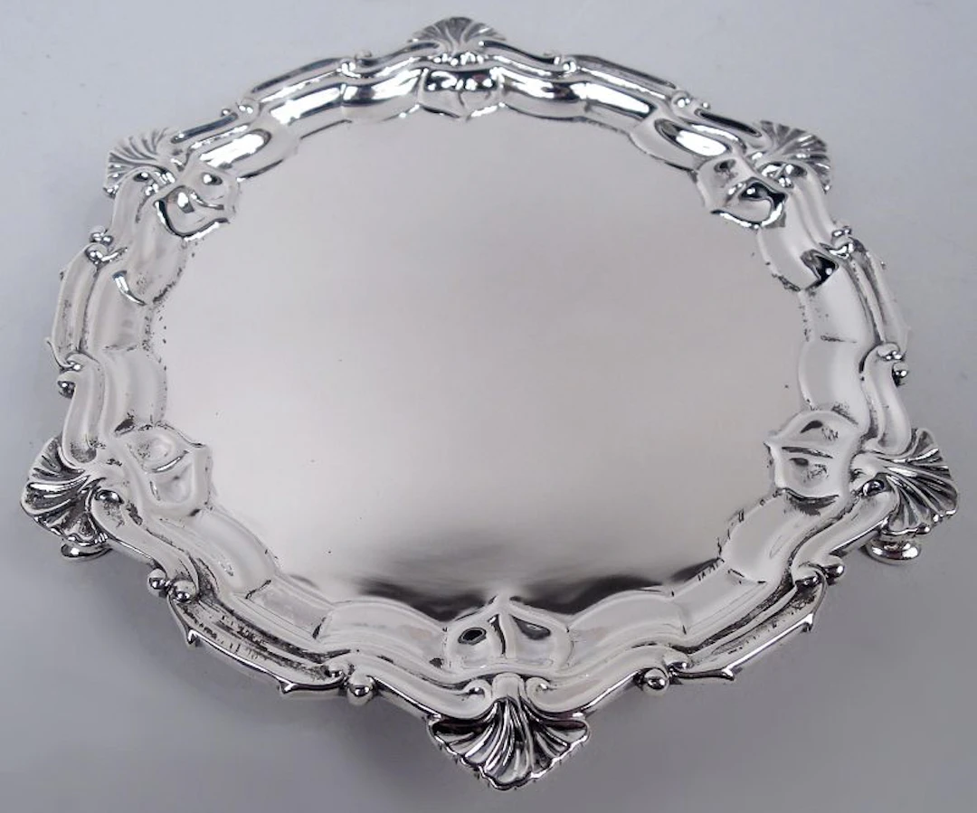 English Georgian Sterling Silver Shell & Scroll Salver 1934