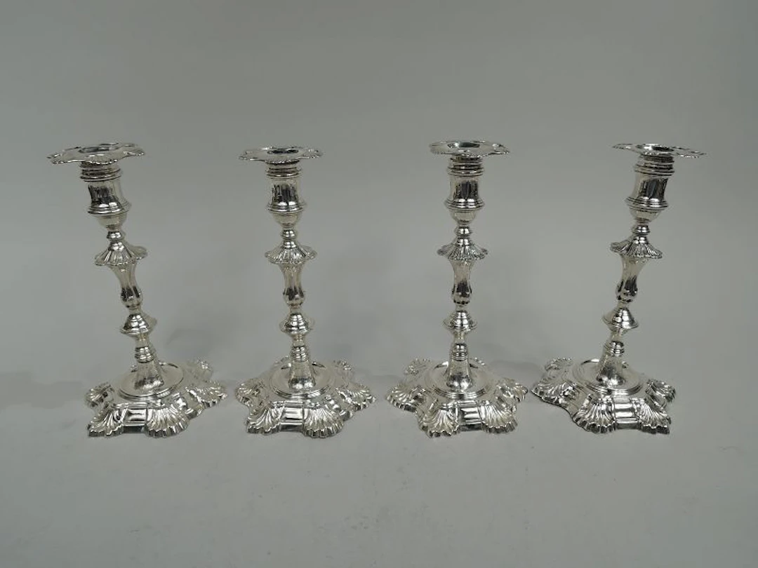 Set of 4 English Georgian 6-Shell Candlesticks by Morison 1756