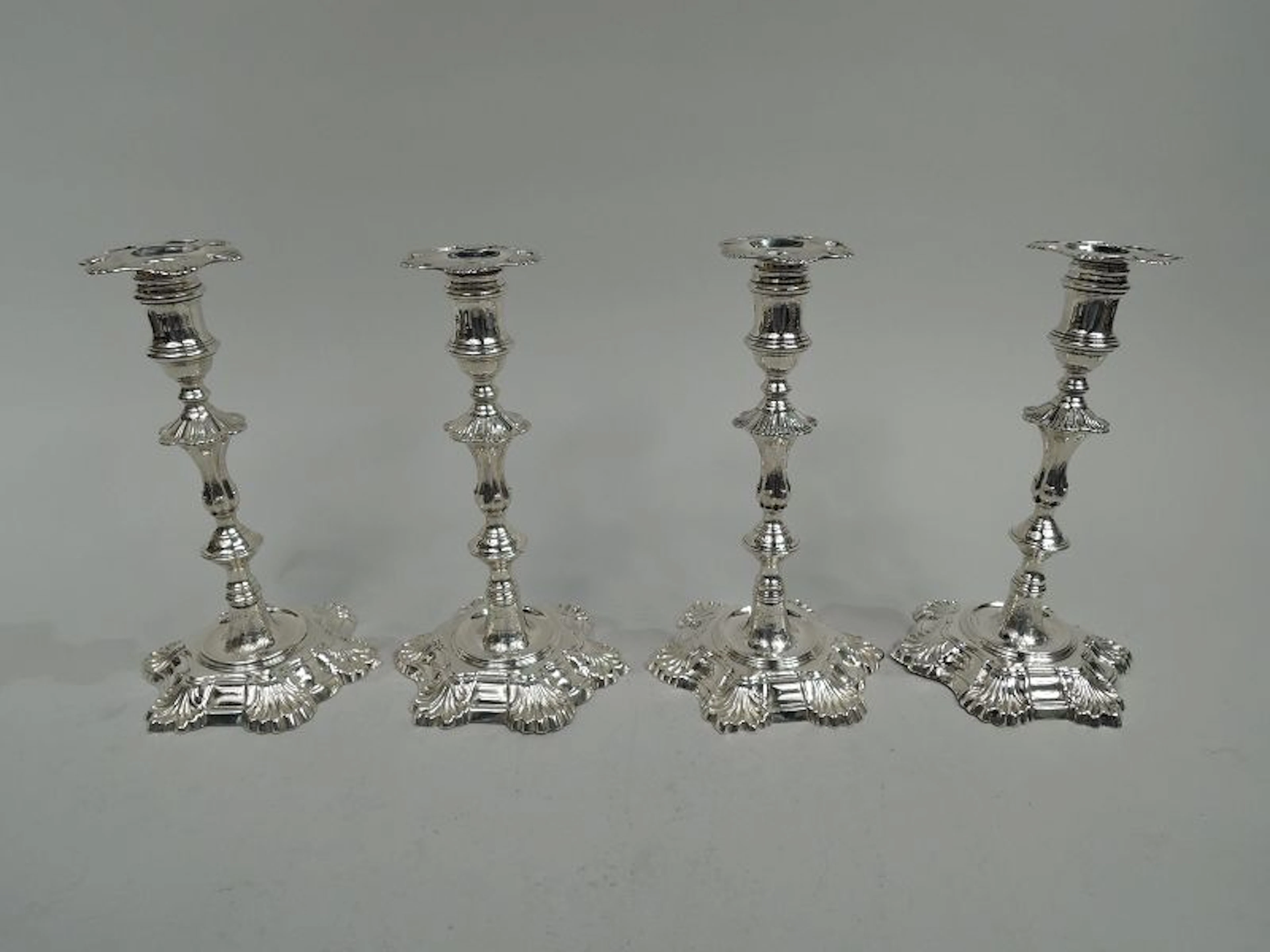 Set of 4 English Georgian 6-Shell Candlesticks by Morison 1756