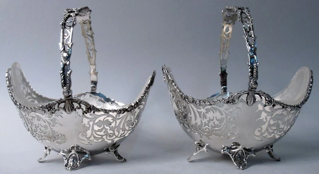 Pair of Antique English Edwardian Sterling Silver Baskets 1932