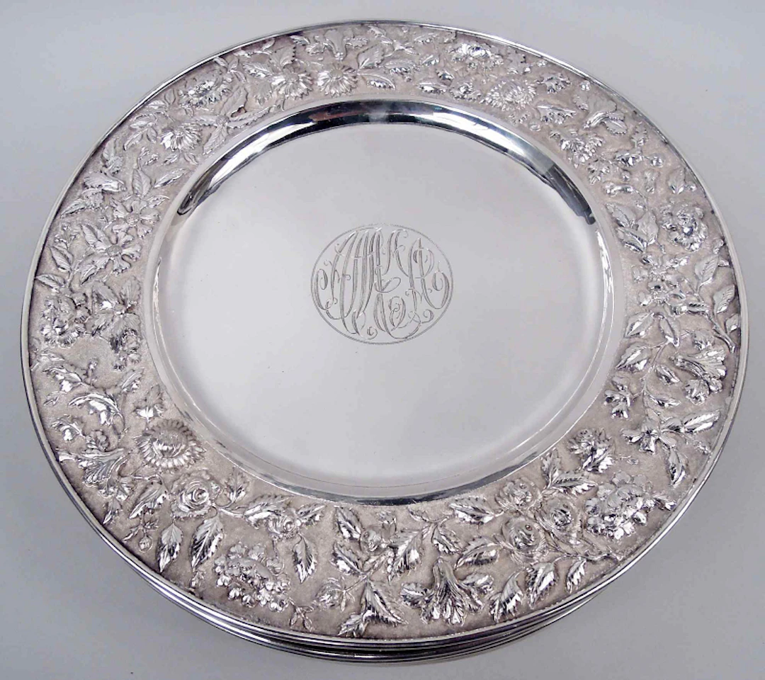 Set of 12 Chinese Edwardian Classical Repousse Silver Dinner Plates