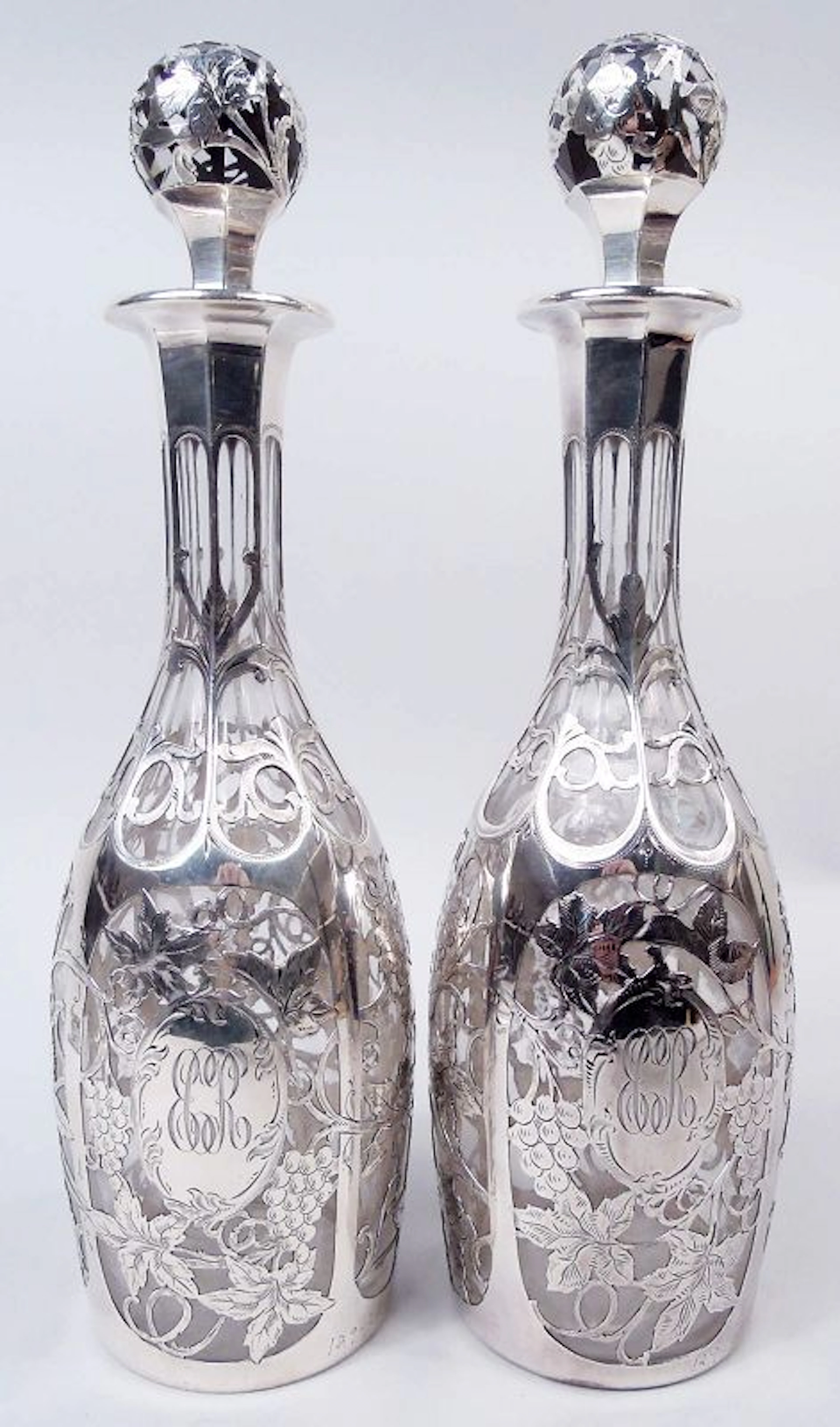 Pair of Alvin American Art Nouveau Grapevine Silver Overlay Decanters