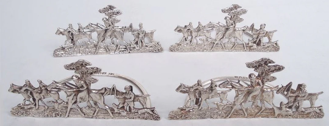 Set of 4 English Victorian Sterling Silver Fox Hunt Place Card Holders