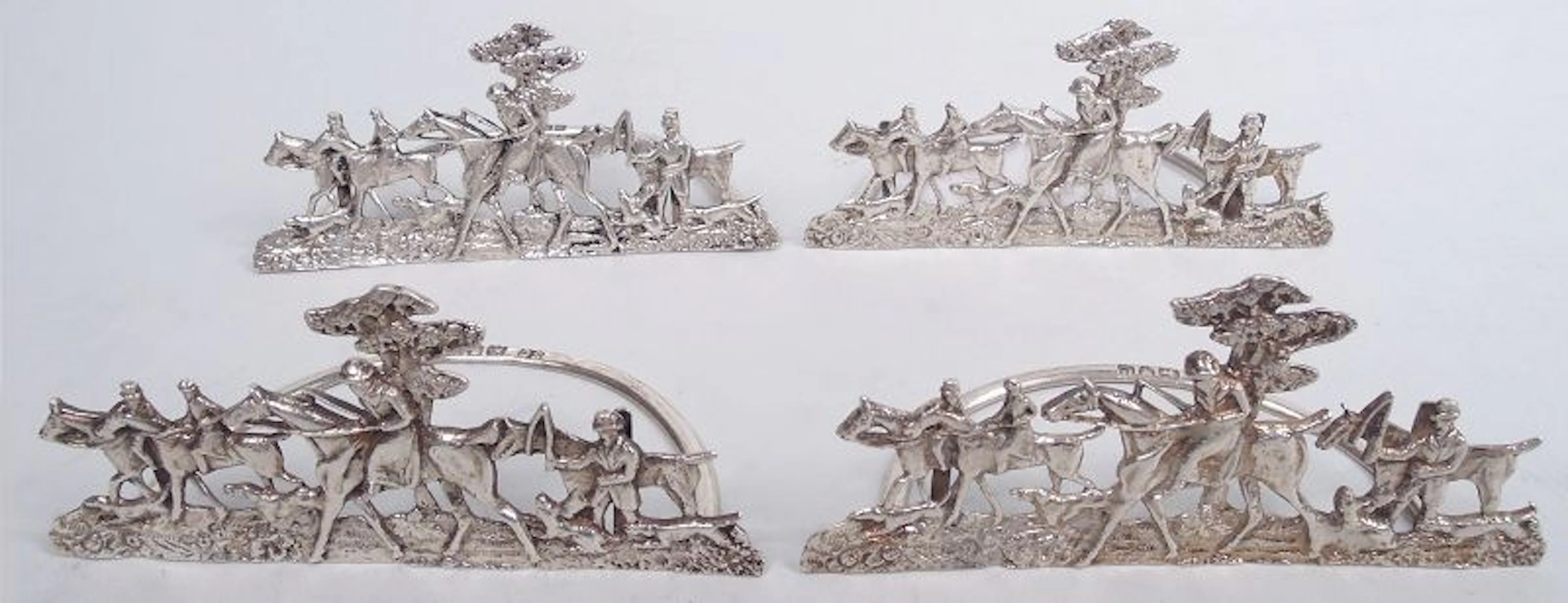 Set of 4 English Victorian Sterling Silver Fox Hunt Place Card Holders