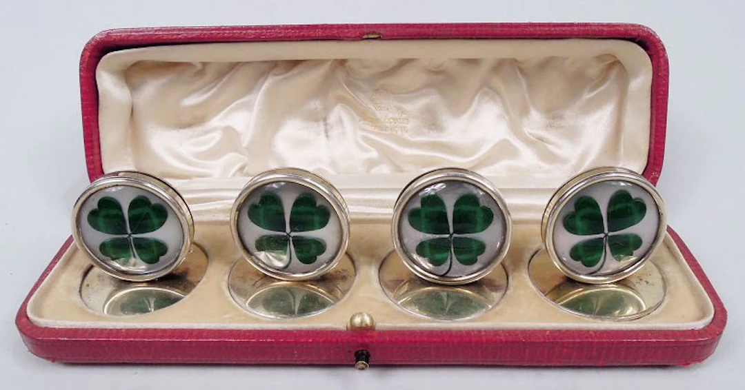 English Edwardian Lucky Charm 4-Leaf Clover Place Card Holders 1905