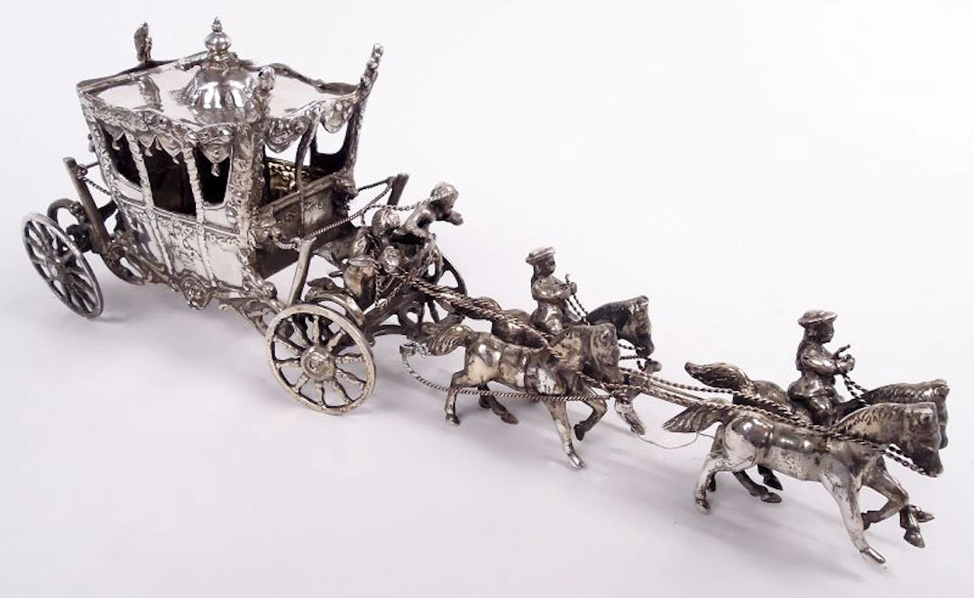 Antique German Rococo Silver Horse-Drawn Cinderella Coach