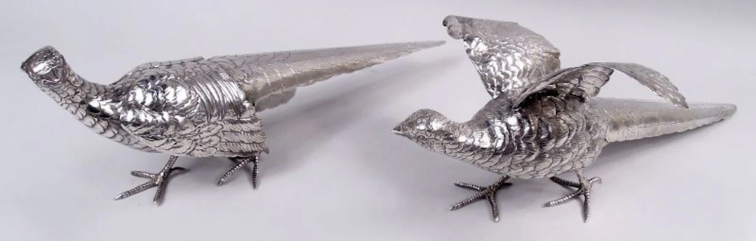 Pair of Antique German Sterling Silver Pheasants