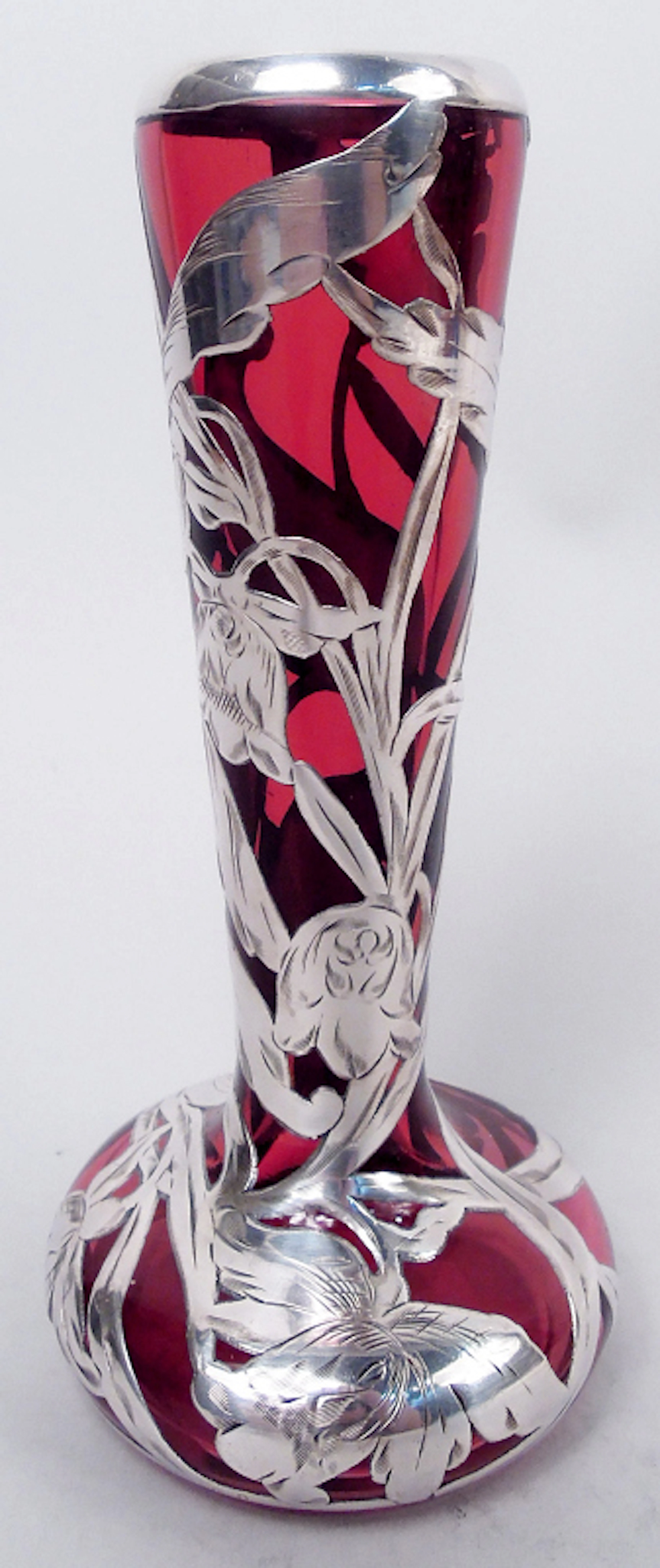 Antique American Art Nouveau Cranberry Red Silver Overlay 6-Inch Vase