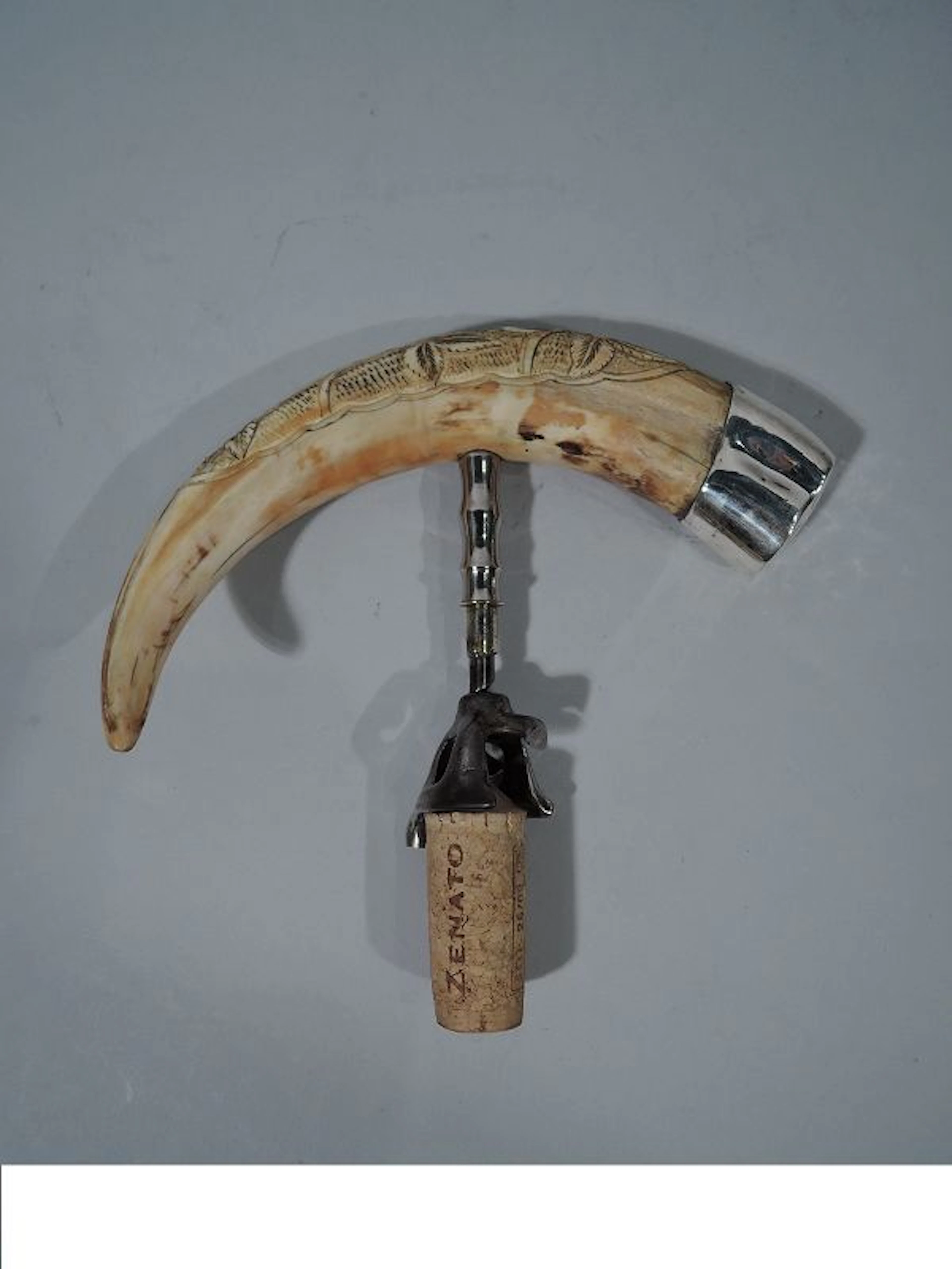 Antique American Sterling Silver & Horn Corkscrew with Carved Ornament