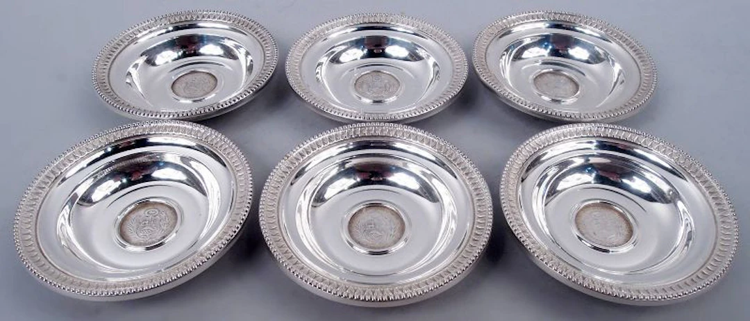 Set of 6 Camusso Modern Classical Nut Dishes with Peruvian Coins