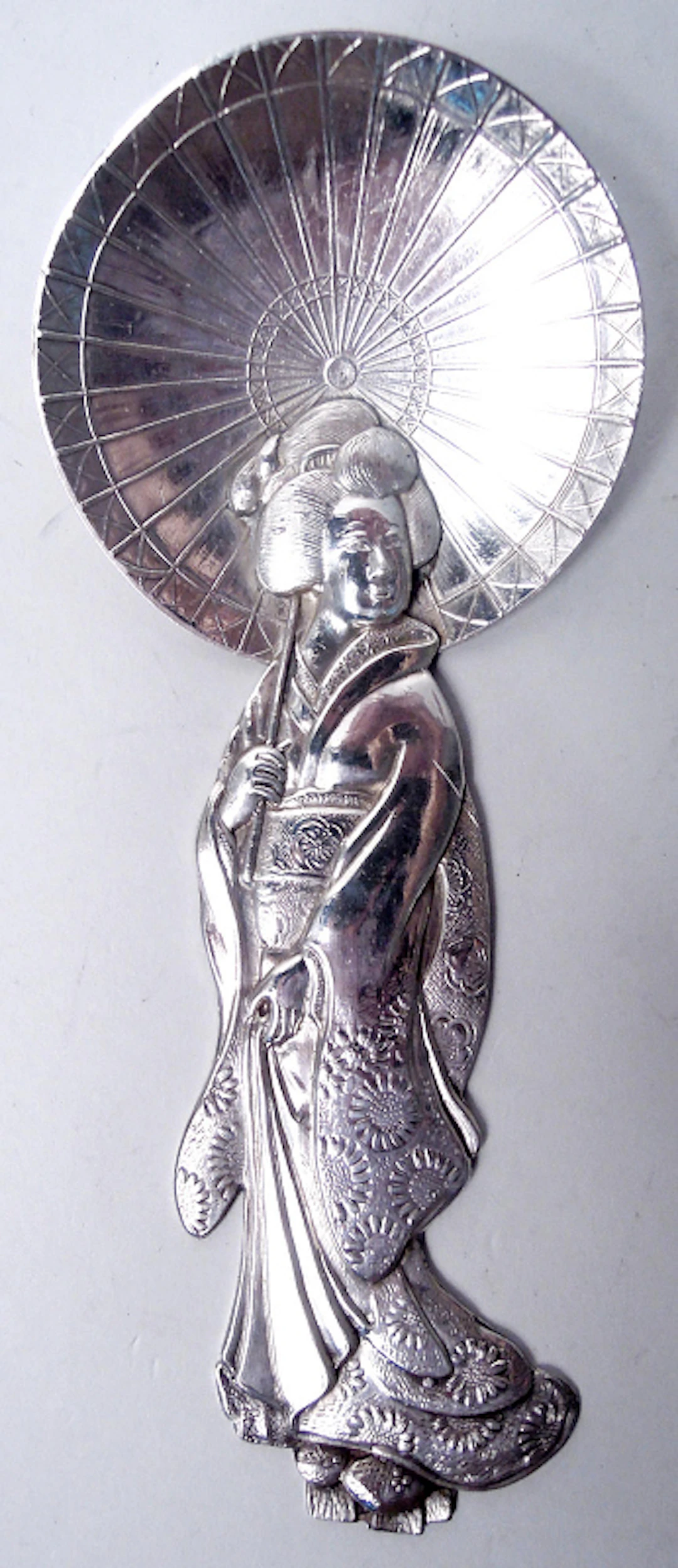 Japanese Silver Novelty Serving Spoon with Parasol-Twirling Geisha