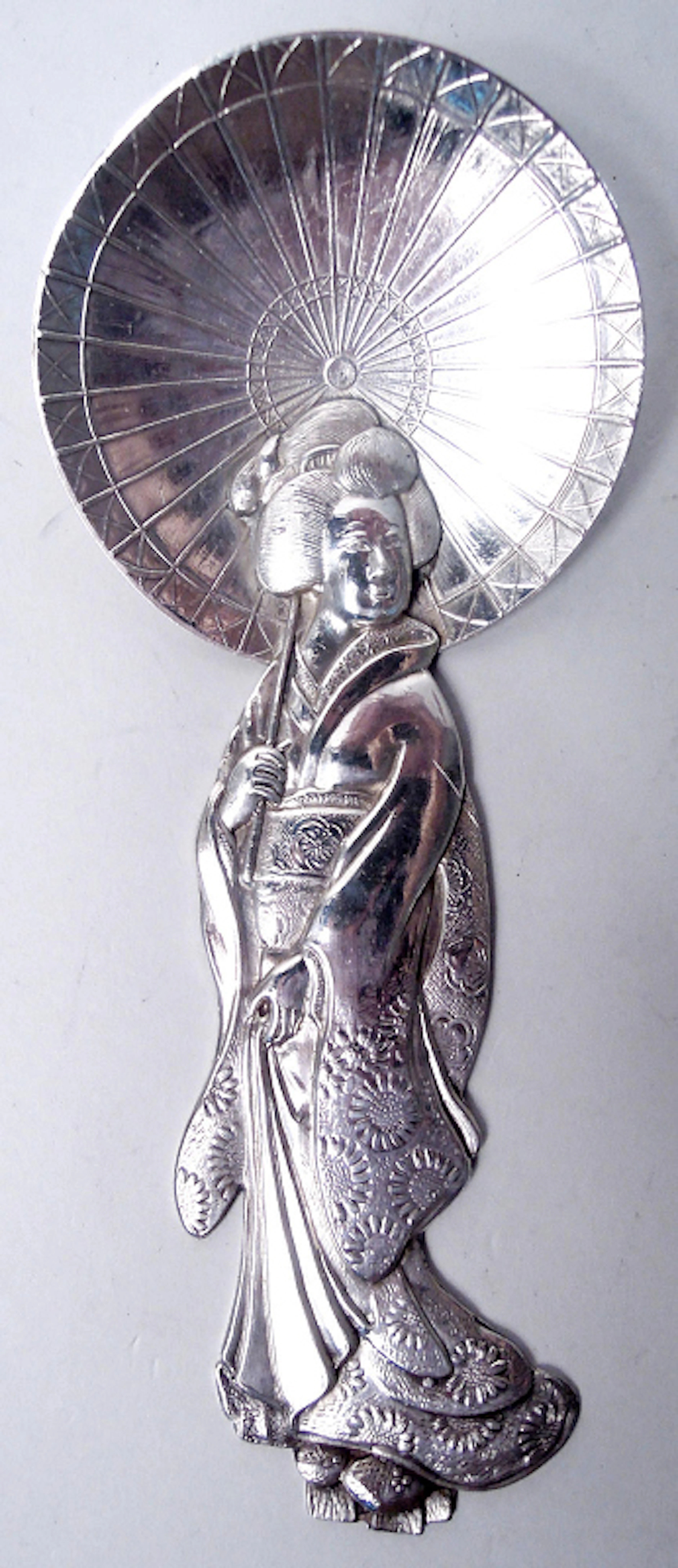 Japanese Silver Novelty Serving Spoon with Parasol-Twirling Geisha